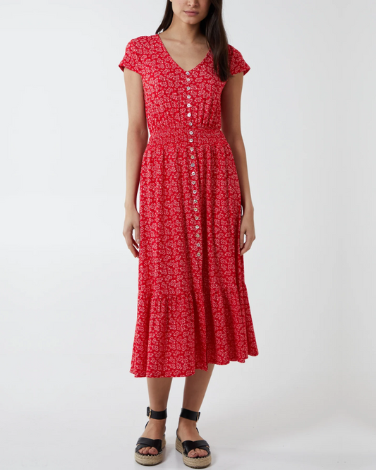 Ditsy Floral Button Through Midi Dress Red