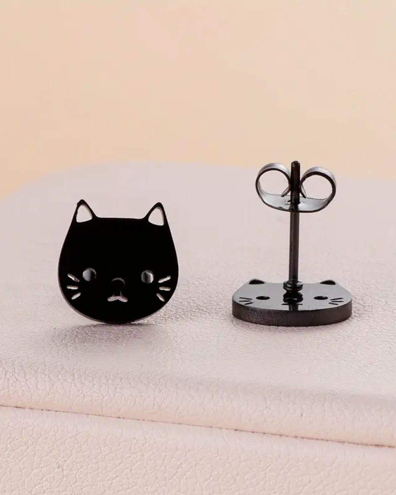 Black Kitty Cat Face Stud Earrings