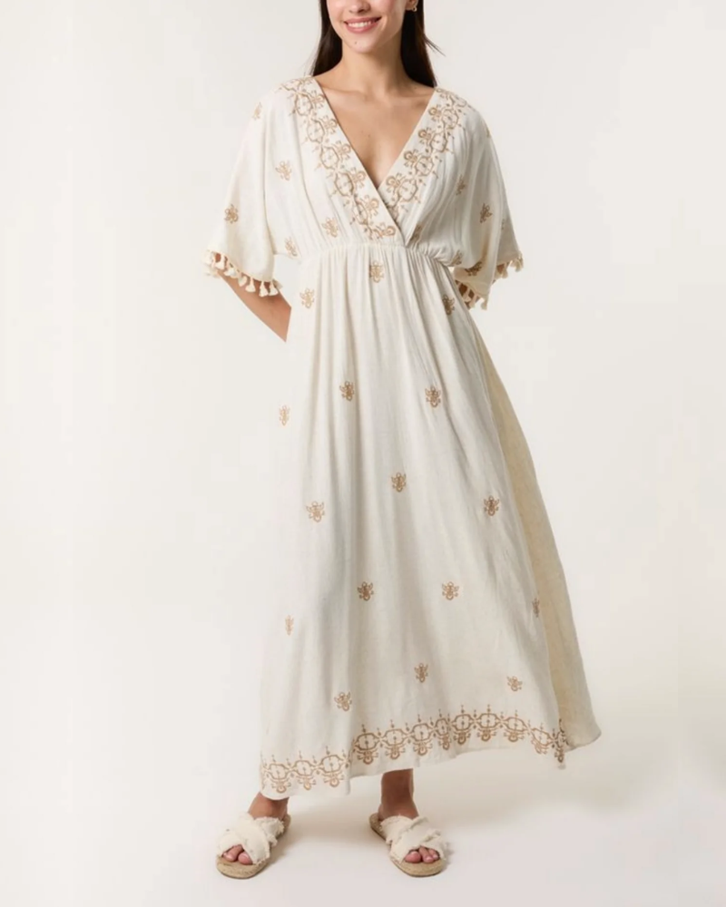 Embroidered Linen Tassels Maxi Dress