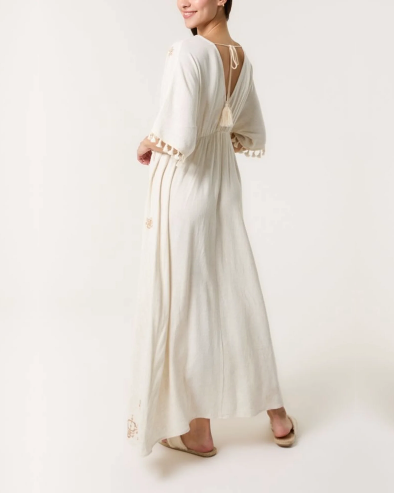 Embroidered Linen Tassels Maxi Dress