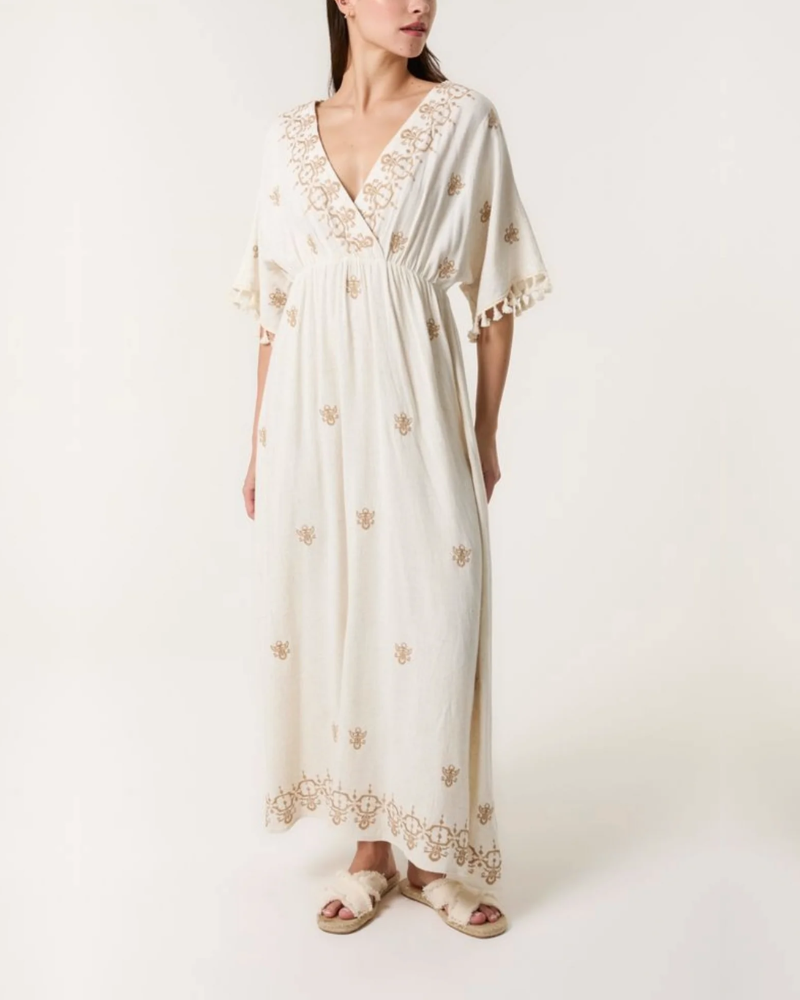 Embroidered Linen Tassels Maxi Dress