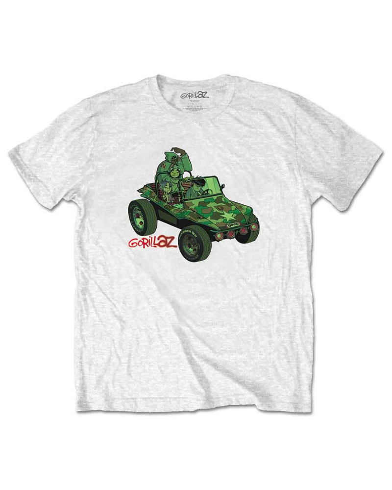 White t-shirt with a green camouflage vehicle graphic and 'Gorillaz' branding on a white background
