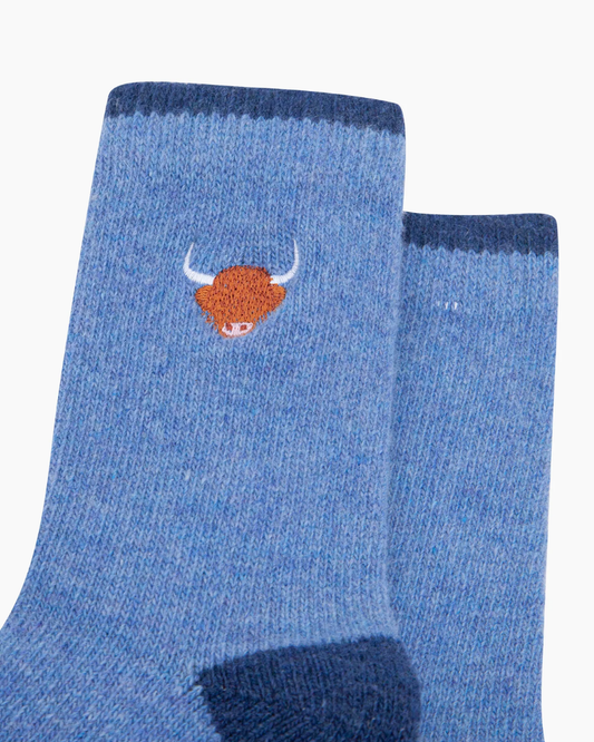 Highland Cow Embroidered Wool Socks In Blue