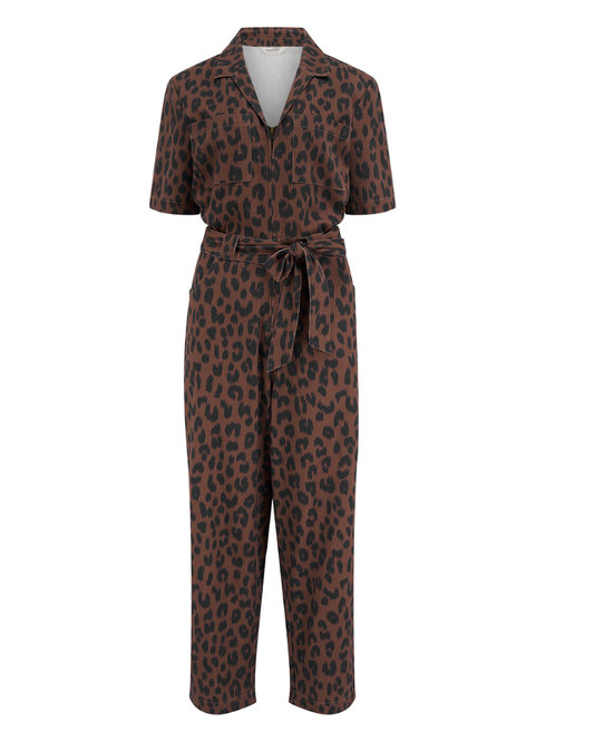 Leopard print jumpsuit on a white background