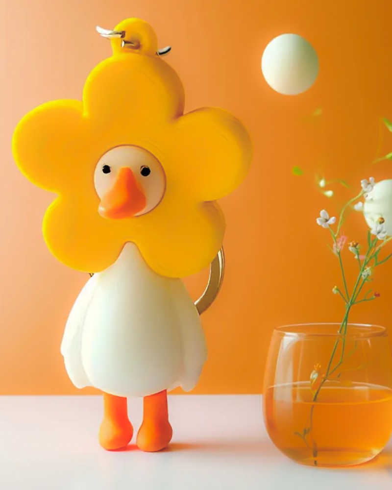 Cartoon Duck in Flower Key Ring