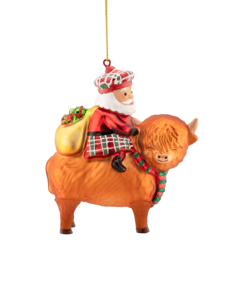 Scottish Santa on Highland Cow Shaped Bauble
