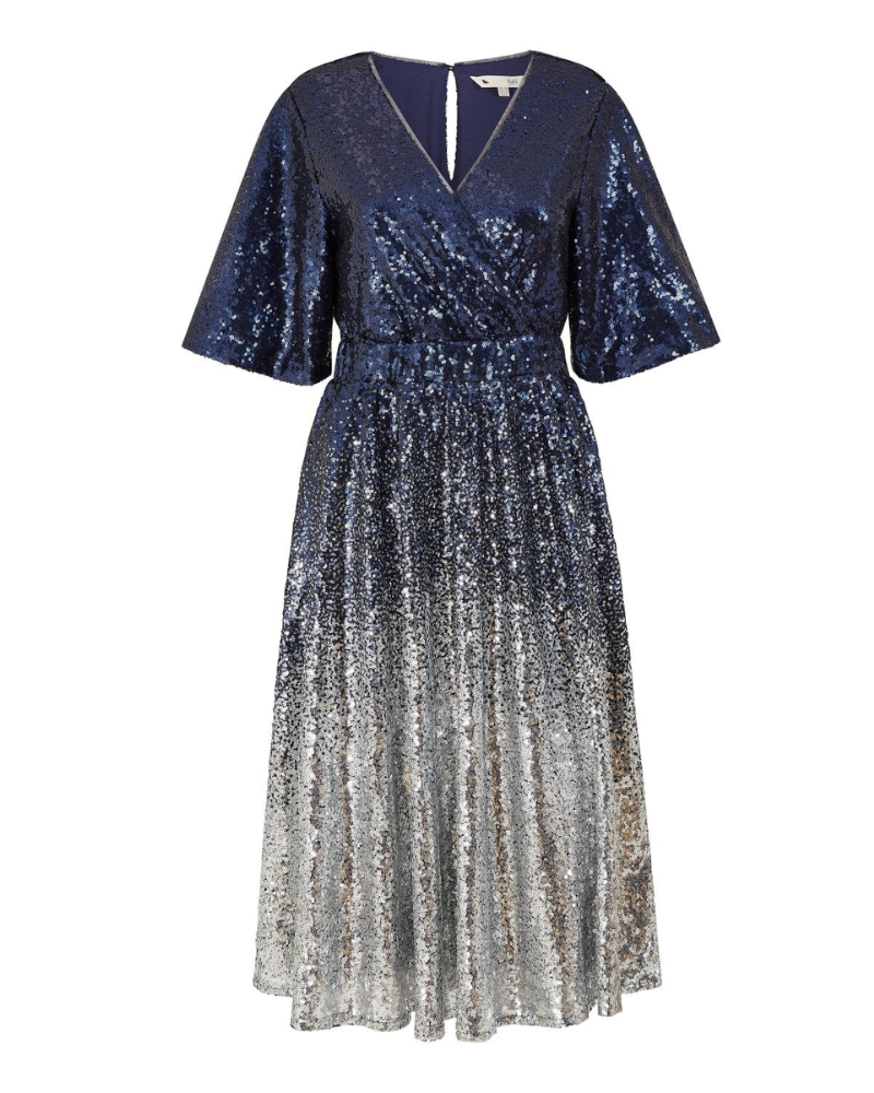 Ombre Sequinned Wrap Dress In Navy Silver By Yumi