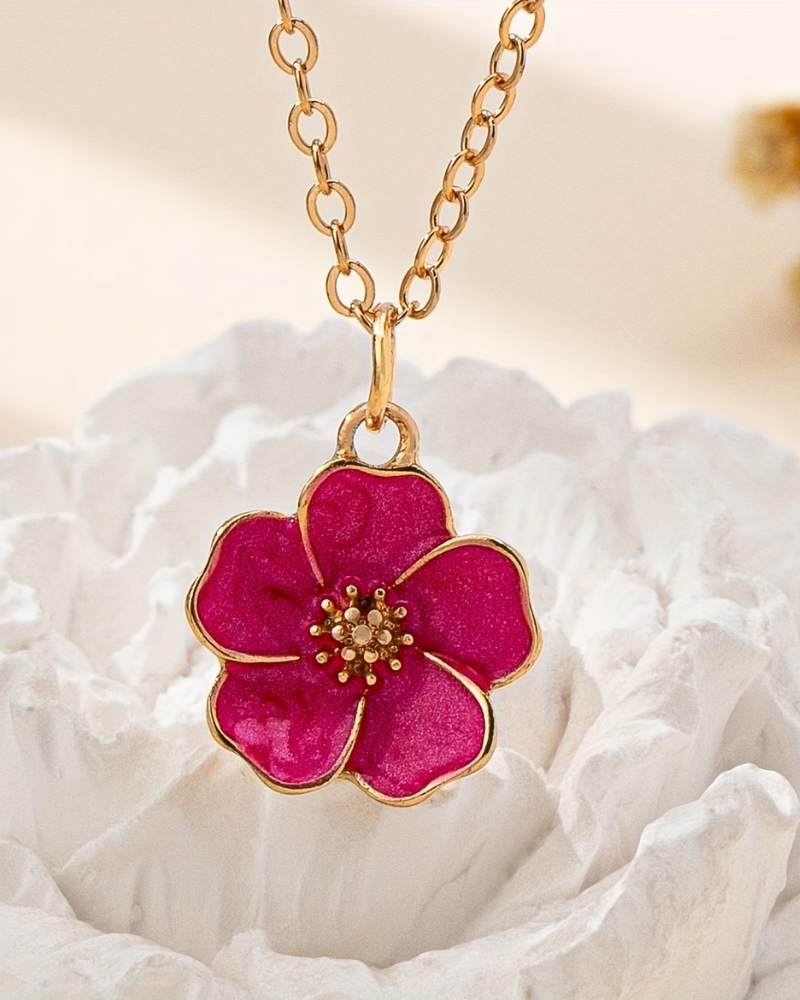 Enamel Pansy Flower Necklace in Blue & Pink