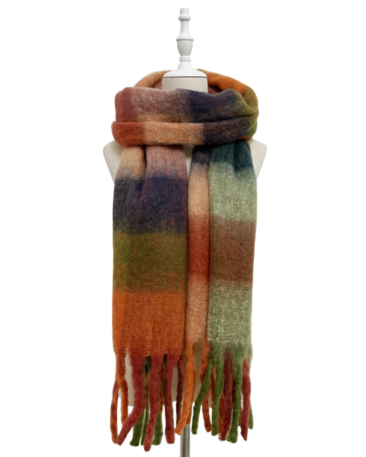 Orange Rust Green Checked Wool Blanket Scarf