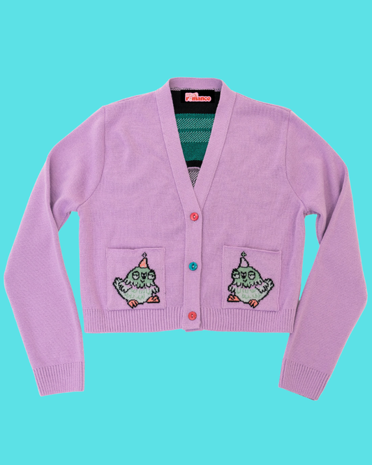 Party Pigeon V- Neck Lilac Cardigan Rebel Romance x Katie Abey