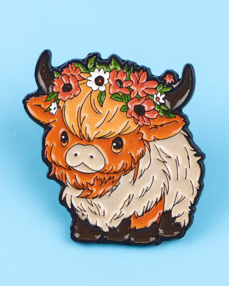 Floral Highland Cow Enamel Pin Badge
