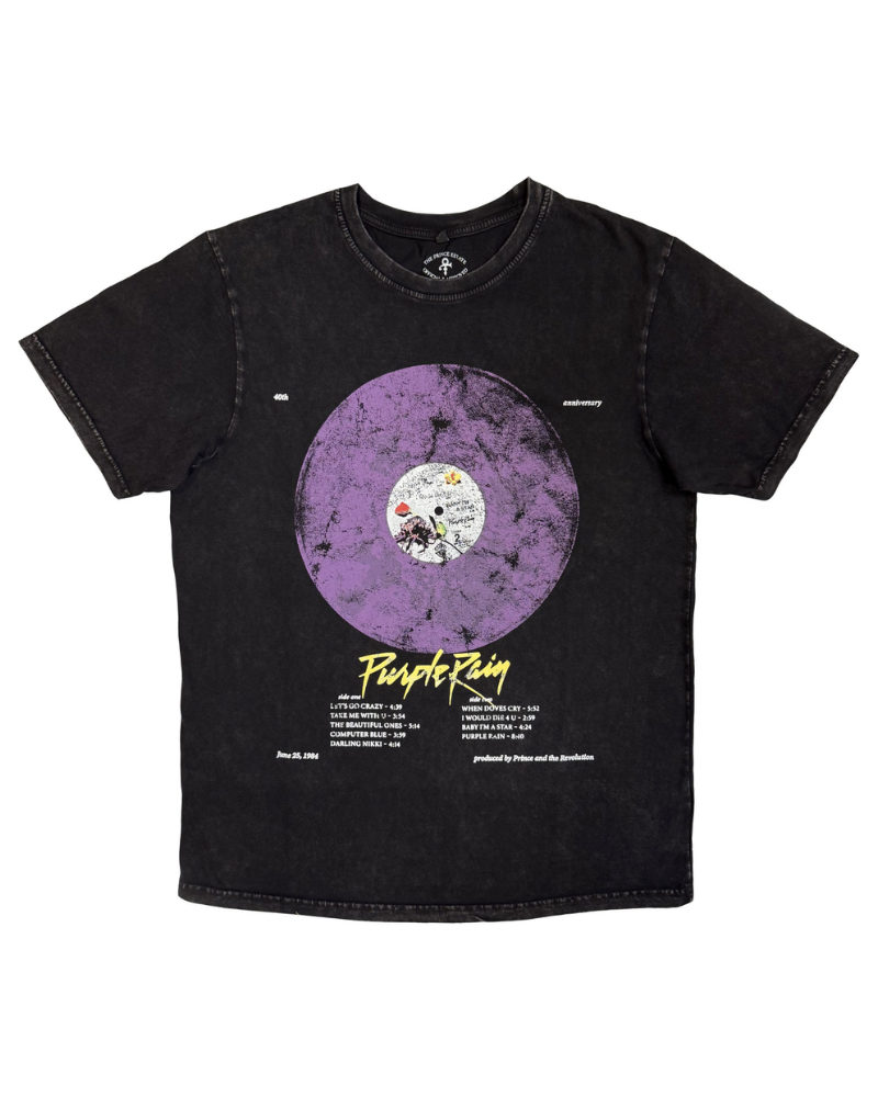 Black t-shirt with a purple vinyl record design and 'Purple Rain' text on a white background