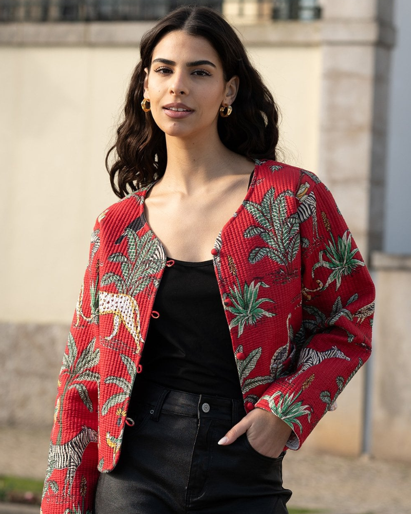 Red Reversible Animal Print Quilted Jacket by Yumi