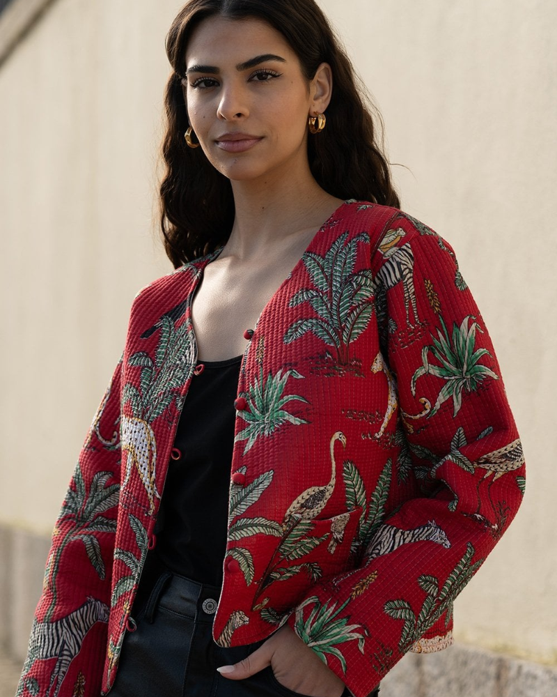 Red Reversible Animal Print Quilted Jacket by Yumi