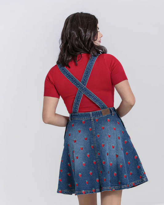 Strawberry Denim Pinafore Dress