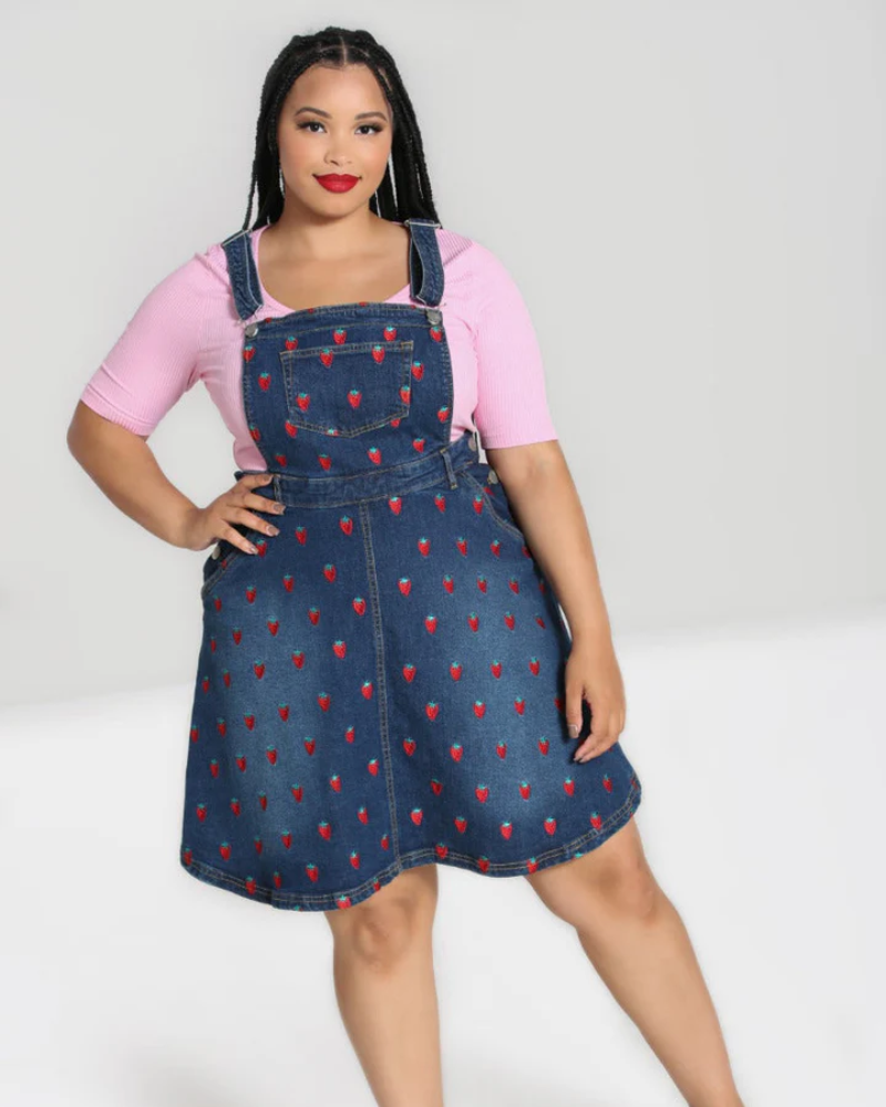 Strawberry Denim Pinafore Dress