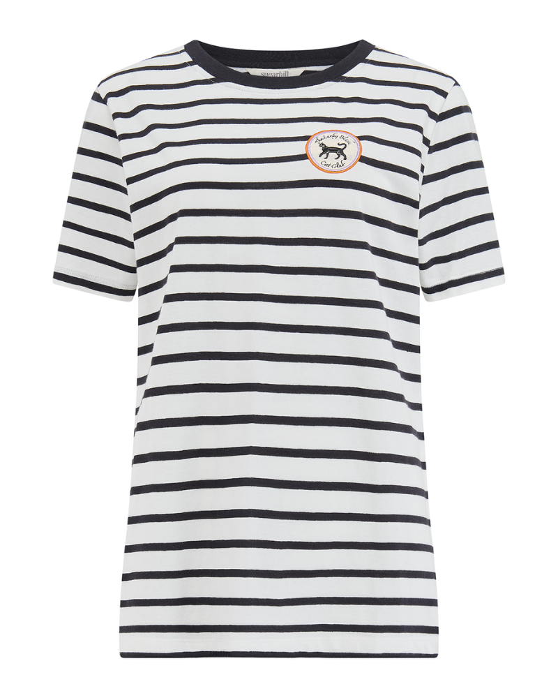 Black and white striped t-shirt with a small round logo on a white background