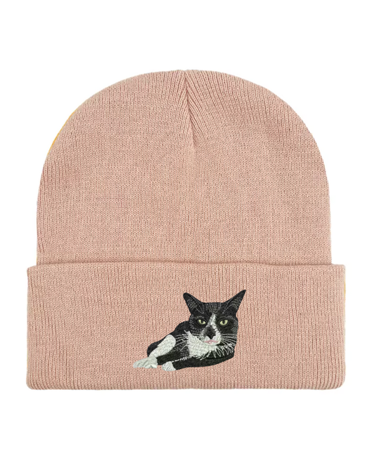 Embroidered Black & White Cat Beanie Hat in Dusty Pink