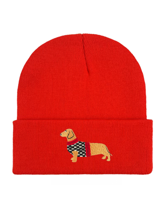 Embroidered Dachshund Beanie Hat in Red