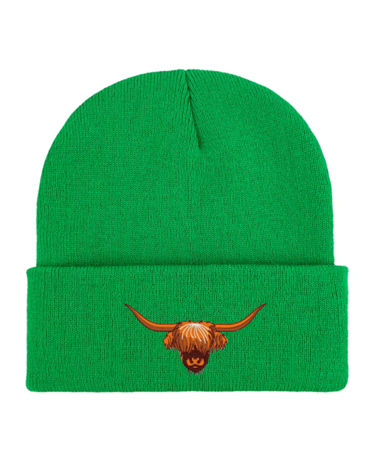 Embroidered Highland Cow Beanie in Green