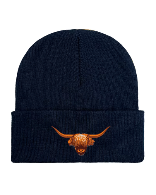 Embroidered Highland Cow Beanie in Navy