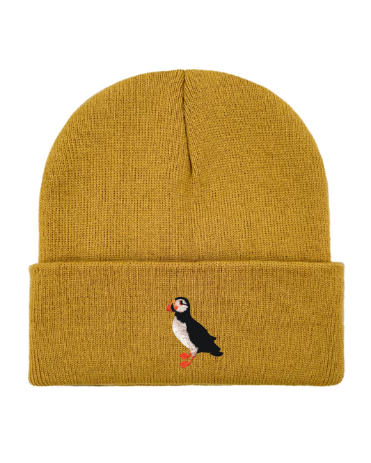 Embroidered Puffin Beanie Hat in Mustard