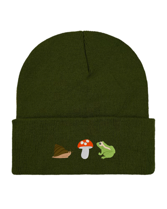Embroidered Mushroom, Snail and Frog Beanie Hat in Moss Green