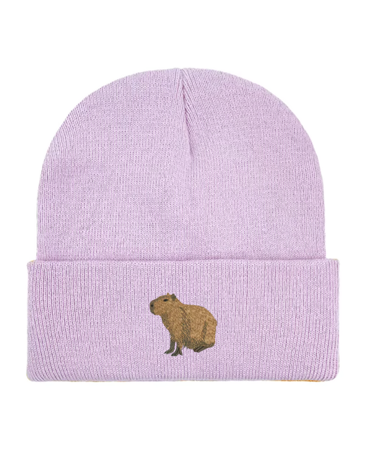 Embroidered Capybara Beanie Hat in Lavender