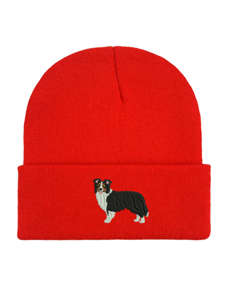Border Collie Embroidered Unisex Beanie Hat Red