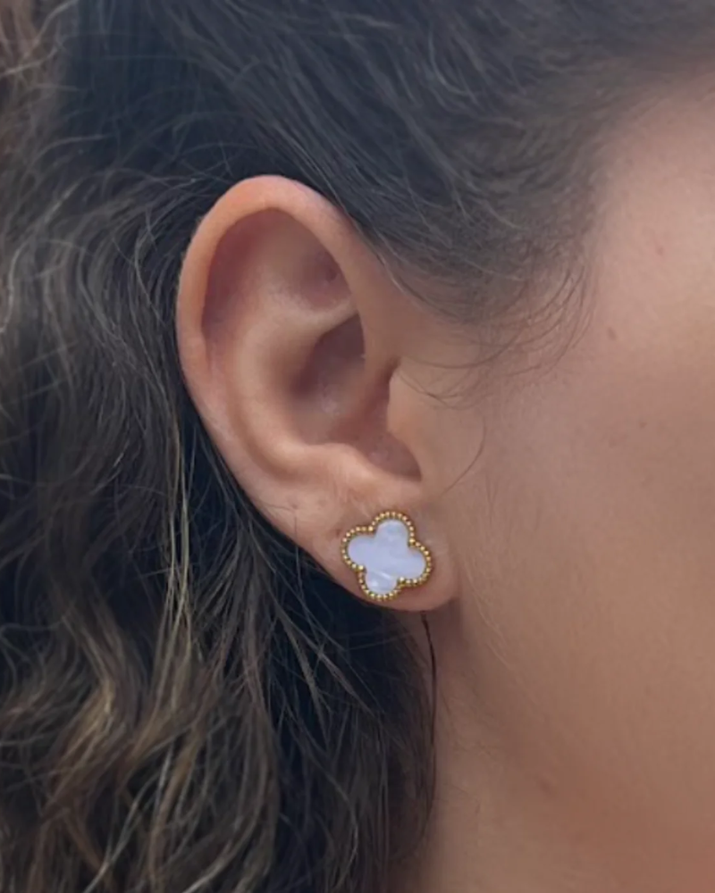 White Four Leaf CloverEarrings 18K Gold Plated