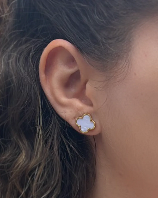 White Four Leaf CloverEarrings 18K Gold Plated