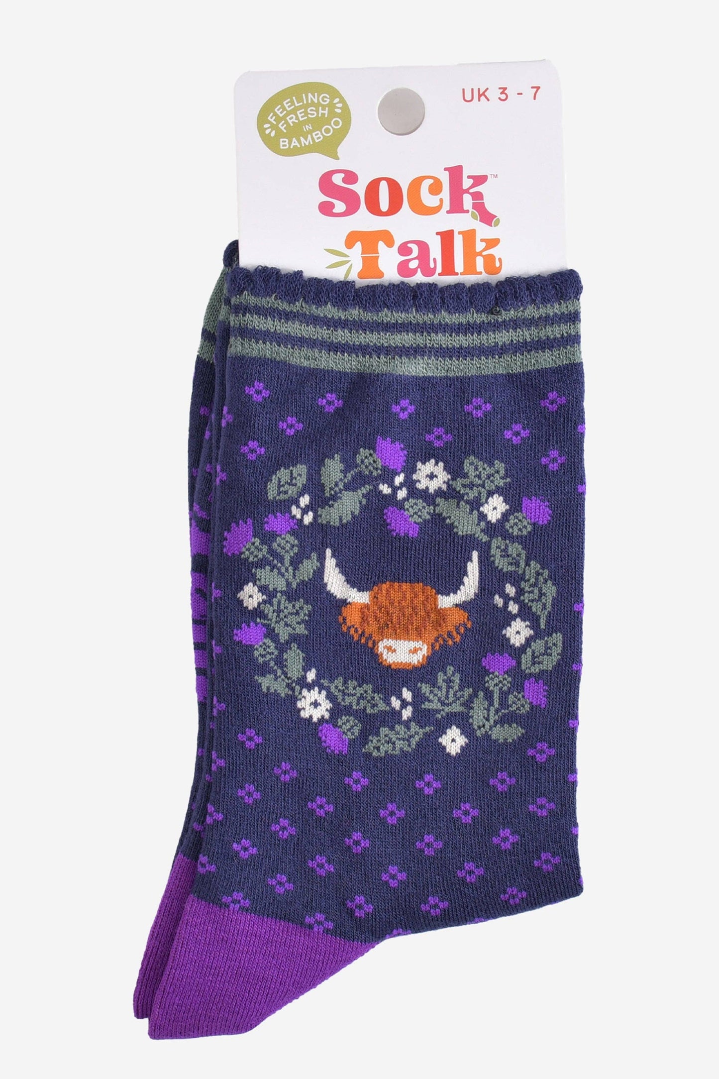 Women's Bamboo Socks - Navy Blue/Purple, Highland Cow Wreath: UK 3-7 | EU 36-40 | US 5-9