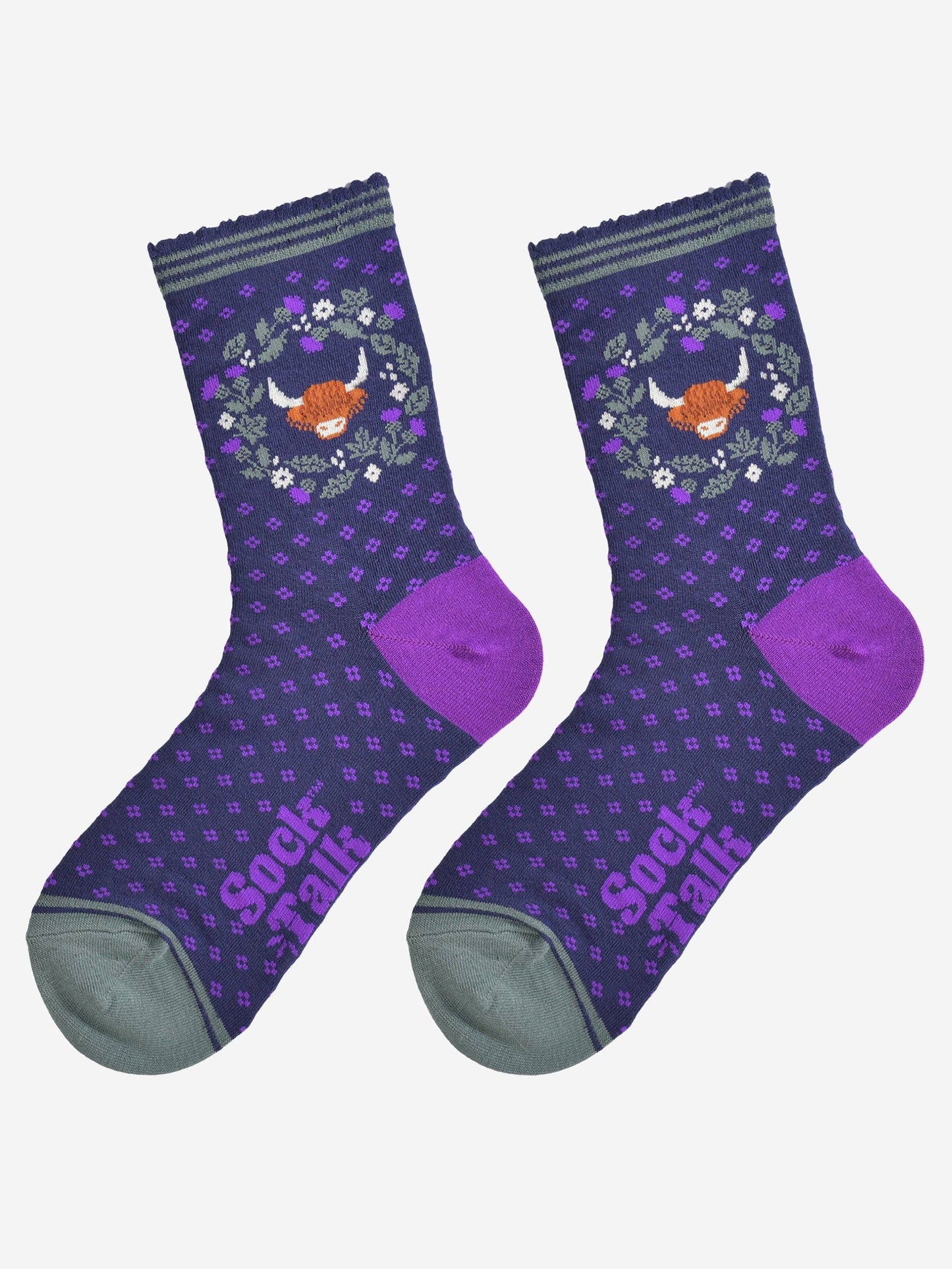 Women's Bamboo Socks - Navy Blue/Purple, Highland Cow Wreath: UK 3-7 | EU 36-40 | US 5-9