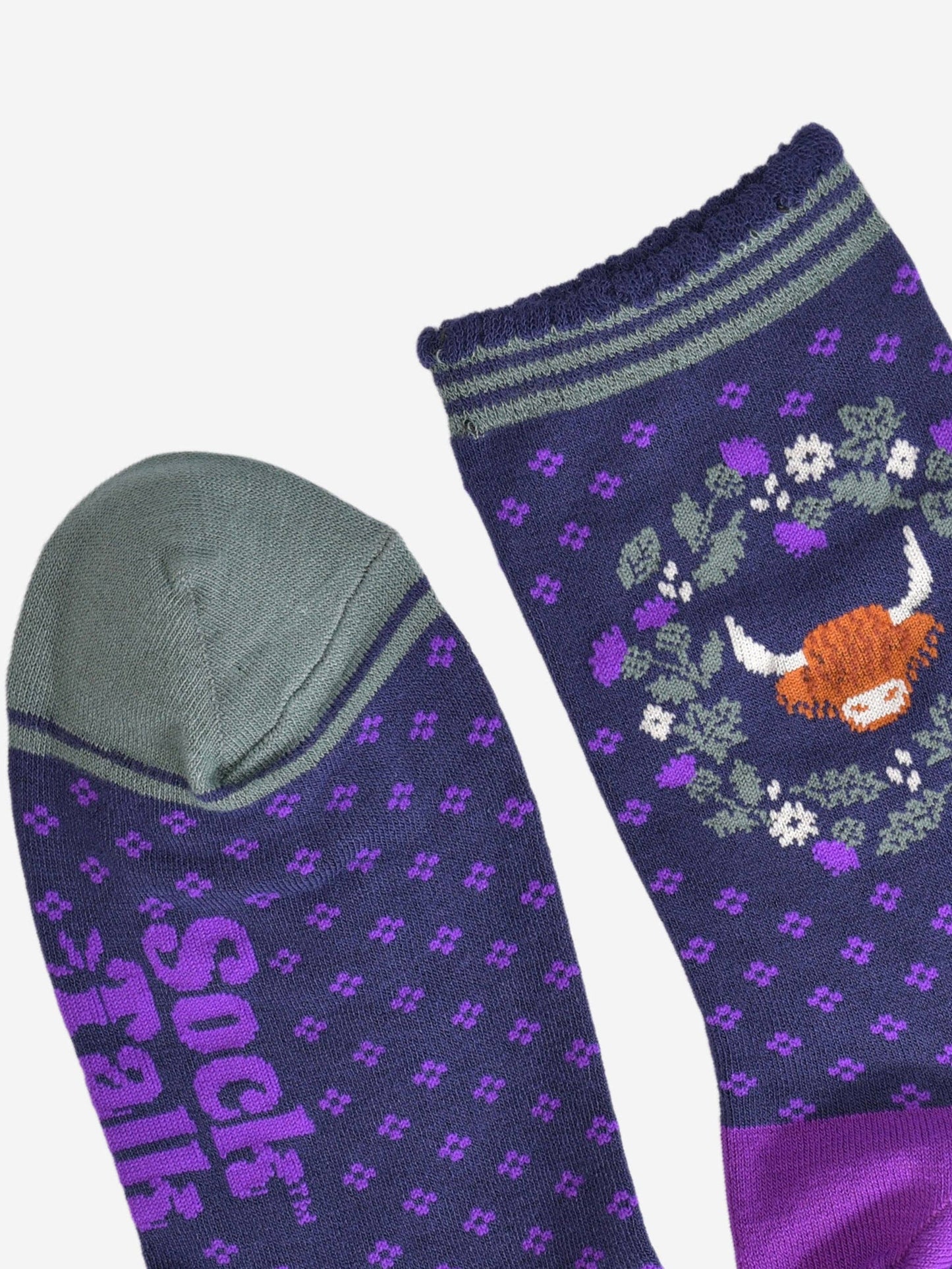 Women's Bamboo Socks - Navy Blue/Purple, Highland Cow Wreath: UK 3-7 | EU 36-40 | US 5-9