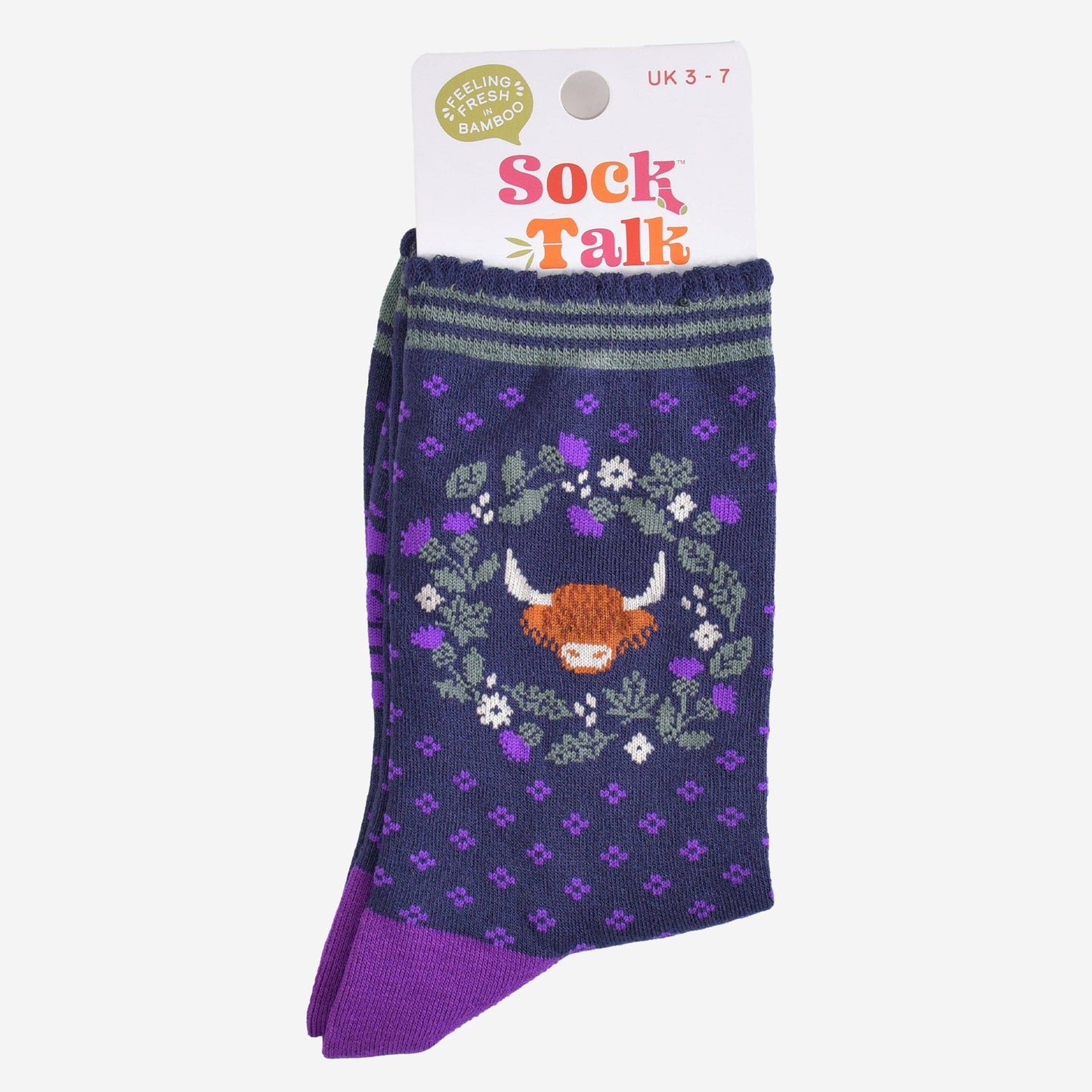 Women's Bamboo Socks - Navy Blue/Purple, Highland Cow Wreath: UK 3-7 | EU 36-40 | US 5-9