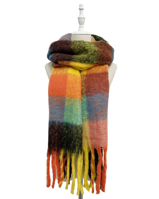 Black Orange Mustard Checked Wool Blanket Scarf