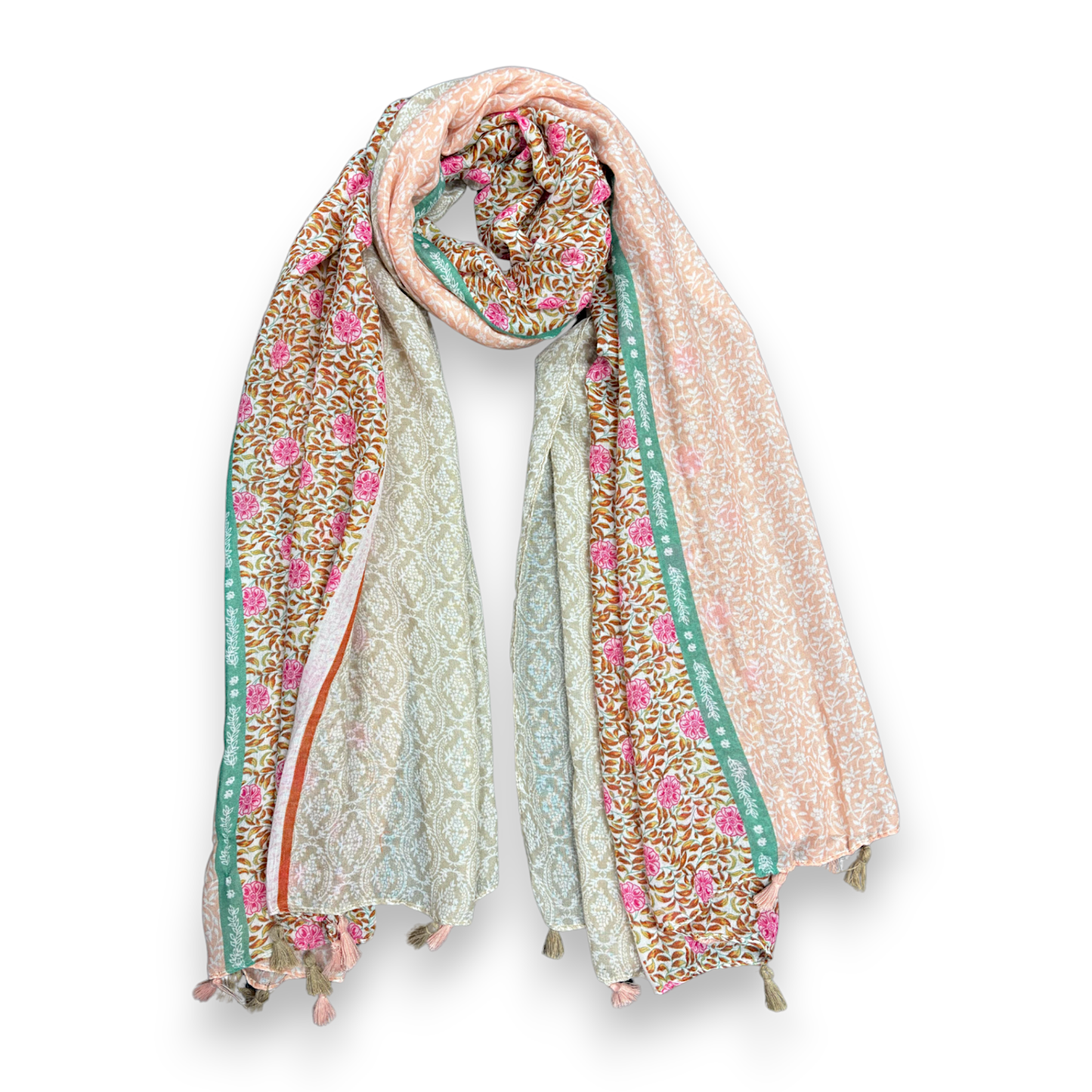Biege Floral Patchwork Tassels Scarf