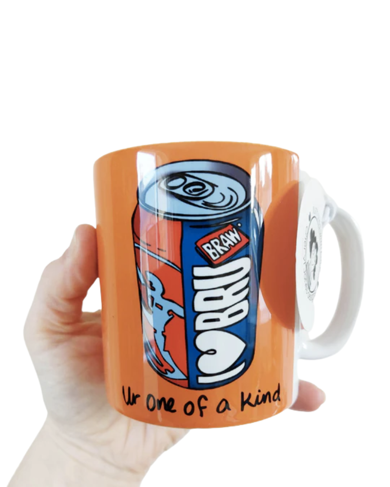 Orange porcelain mug with illustration of Irn Brew drink reading 'I love brew' and ' Ur one of a kind'.