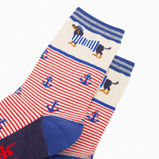 Women's Bamboo Socks - Cream, Sausage Dog Sailor Stripe: UK 3-7 | EU 36-40 | US 5-9