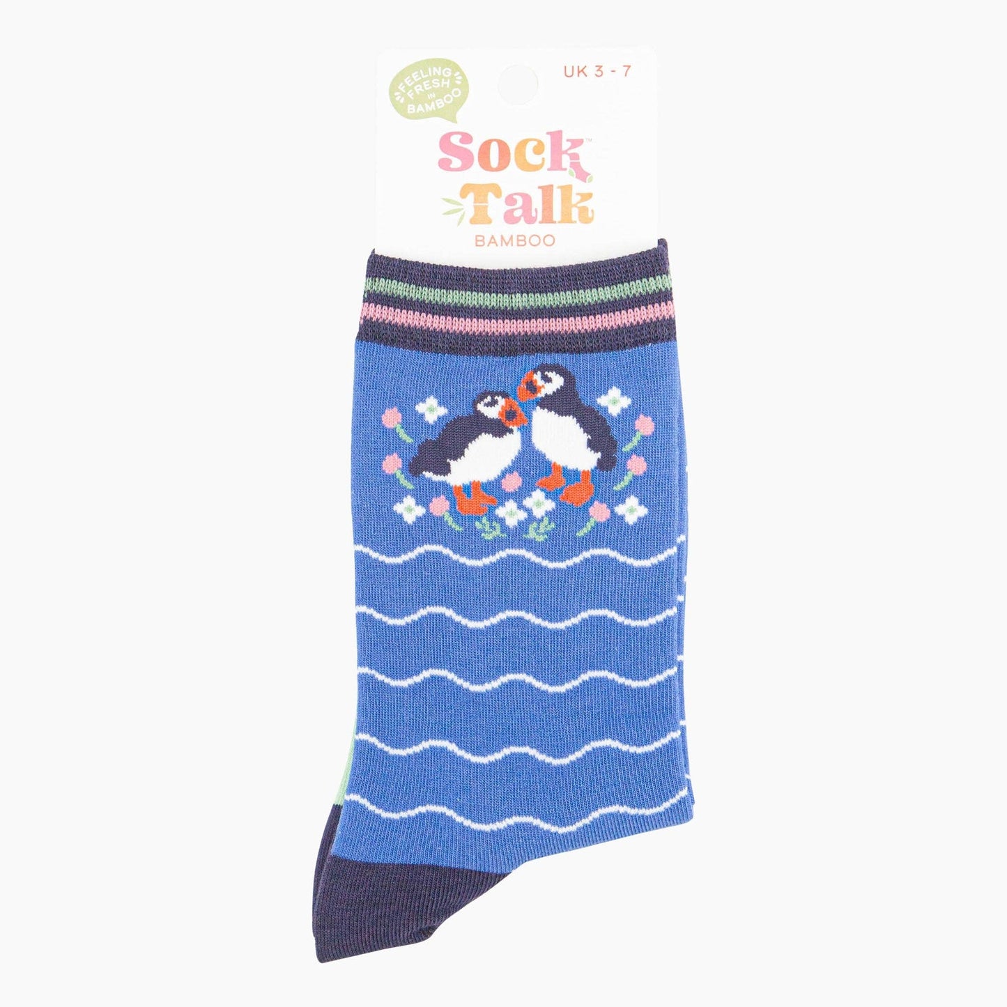 Women's Bamboo Socks - Blue, Puffins and Flowers: UK 3-7 | EU 36-40 | US 5-9
