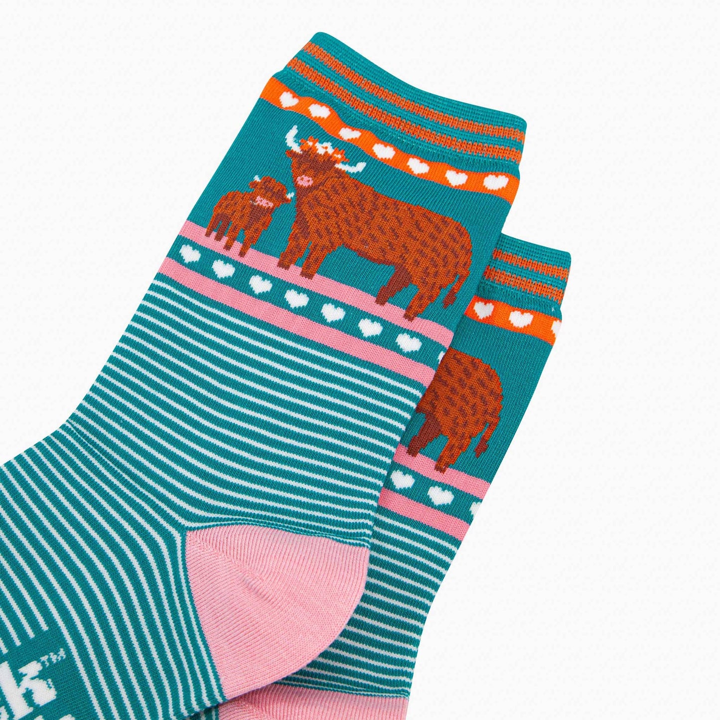 Women's Bamboo Socks - Teal, Highland Cow and Calf: UK 3-7 | EU 36-40 | US 5-9