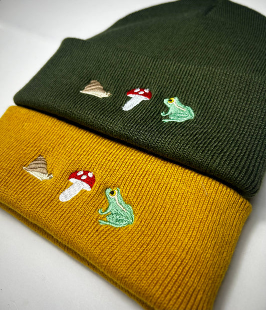 Embroidered Mushroom, Snail and Frog Beanie Hat in Moss Green