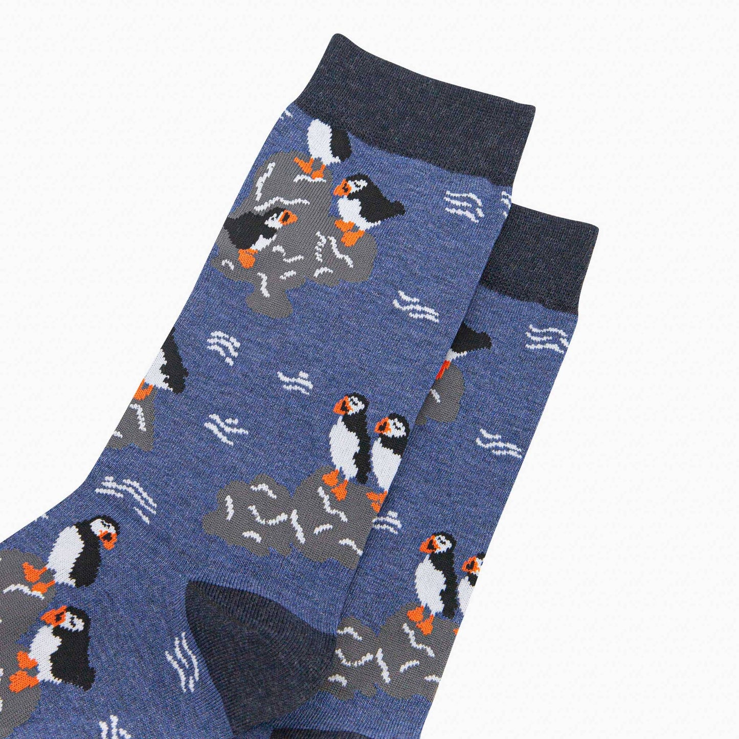 Men's Bamboo Socks - Denim Blue, Puffins On Rocks: UK 7-11 | EU 40.5-46 | US 8-12