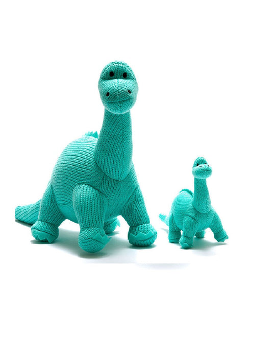 They may look fierce but our hand knitted Diplodocus dinosaur rattle, in bright and bold colours, is super cuddly. Great for babies and toddlers, this dinosaur soft toy is a perfect size for baby to play with during tummy time with its soft stimulating rattle sound.