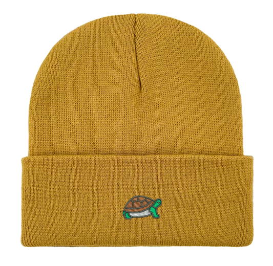Tortoise Embroidered Beanie Hat Mustard