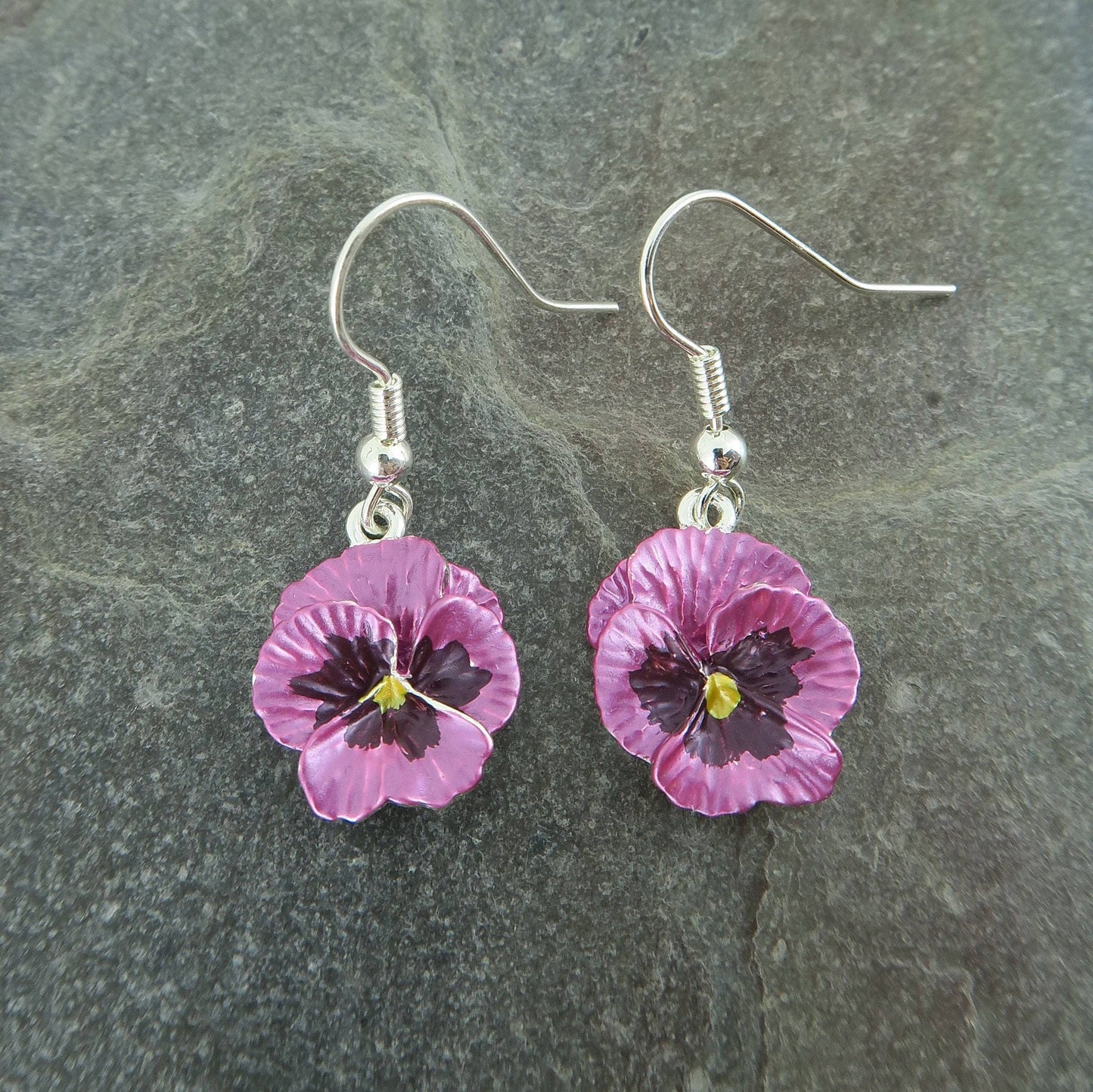 Pansy Pink Flower Drop Hook Earrings