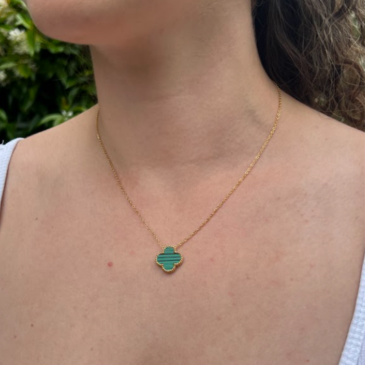 Green Four Leaf Clover Pendant Necklace 18K Gold Plated
