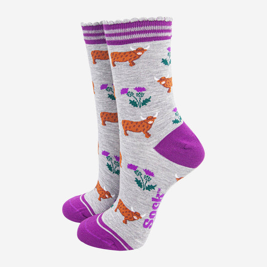 Highland Cow And Thistles Unisex Socks In Grey