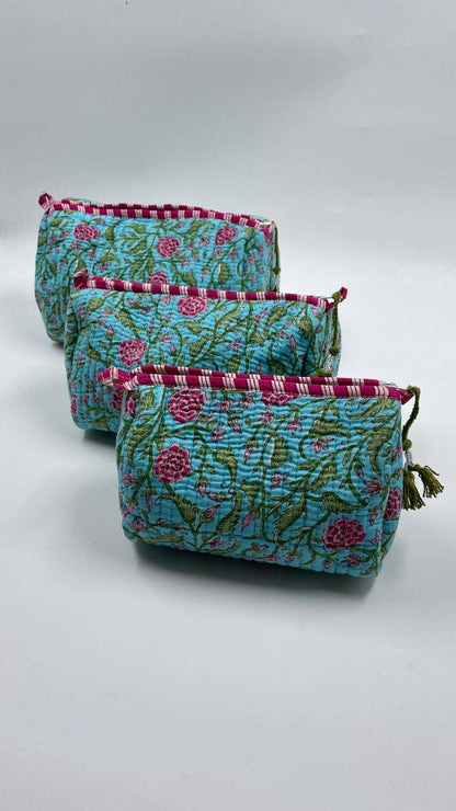 Blue Quilted Flower Wash Bag in Assorted Sizes