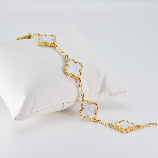 White Four Leaf Clover Double-Sided Bracelet 18K Gold Plated